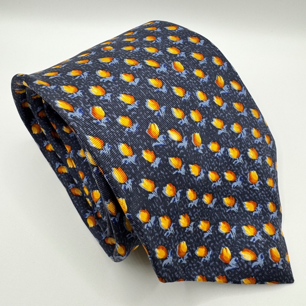 Metropolitan Museum of Art Mens Silk Tie Navy Blue Orange Tulip Floral MMA